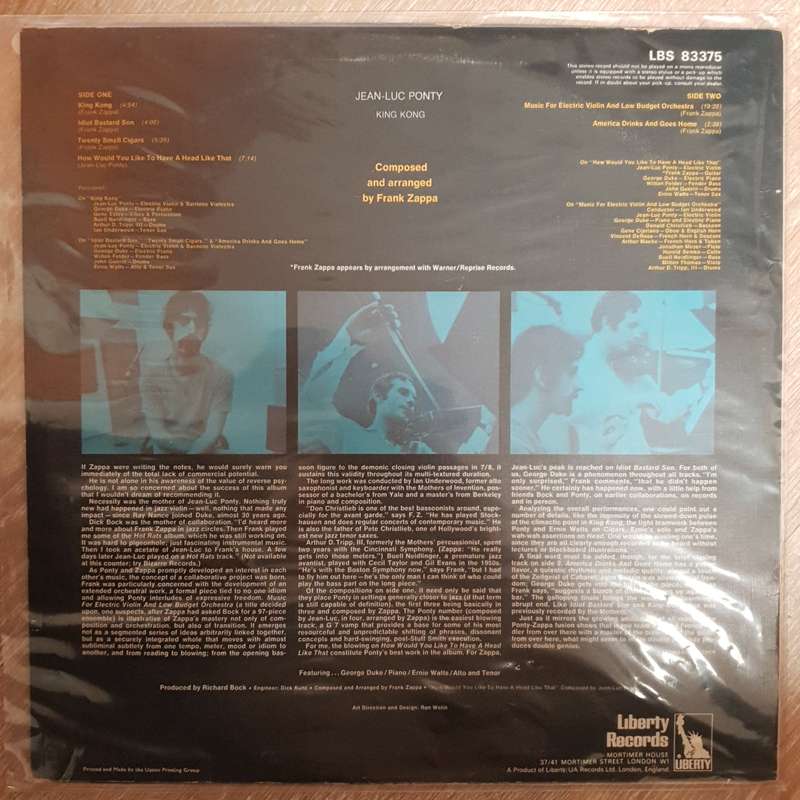 Jean-Luc Ponty  King Kong (Jean-Luc Ponty Plays The Music Of Frank Zappa) - Vinyl Record - ...