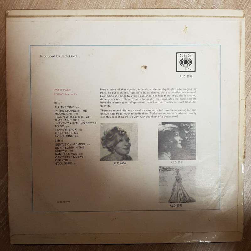 Patti Page - Today My Day - Vinyl LP Record - Opened  - Very-Good- Quality (VG-)