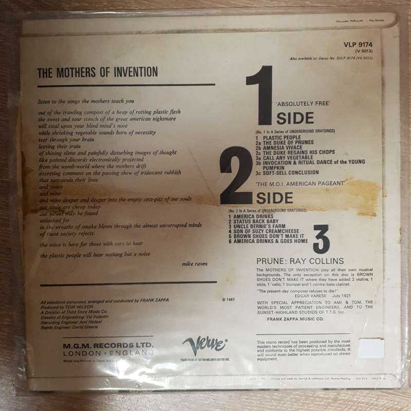 The Mothers Of Invention (Frank Zappa)  Absolutely Free  - Vinyl LP Record - Opened  - Very...