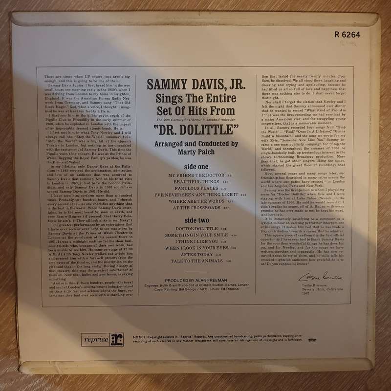 Sammy Davis Jr.  Sings The Complete "Dr. Dolittle" - Vinyl Record - Opened  - Very-Good+ Qu...
