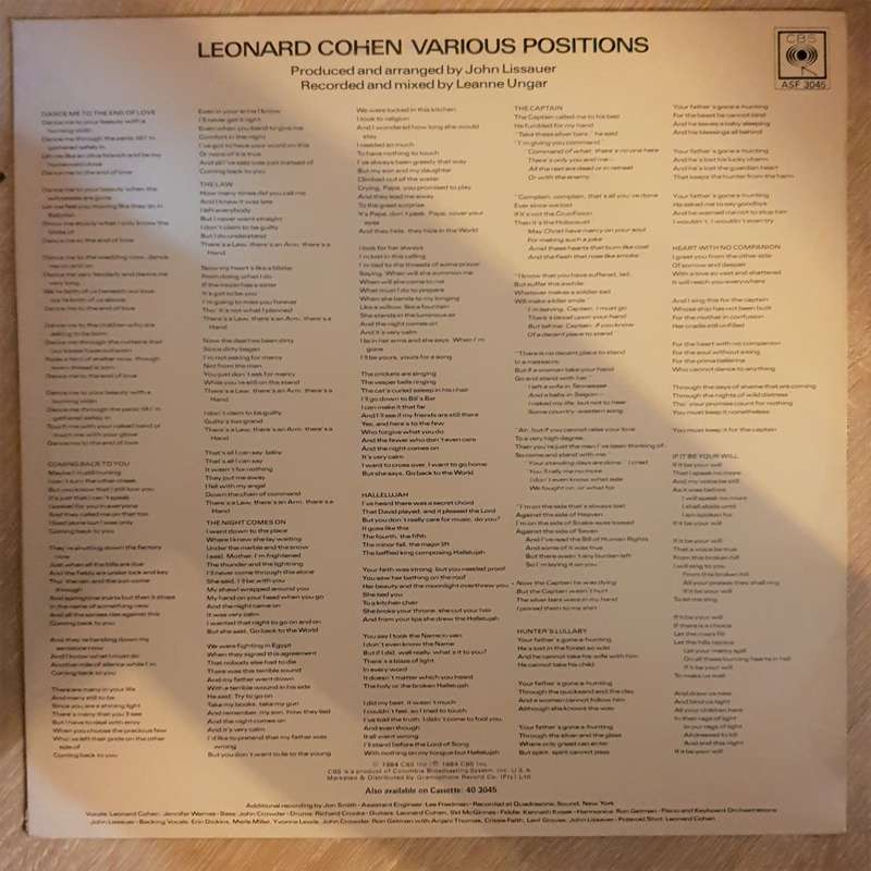 Leonard Cohen  Various Positions - Vinyl LP Record - Opened  - Very-Good+ Quality (VG+)