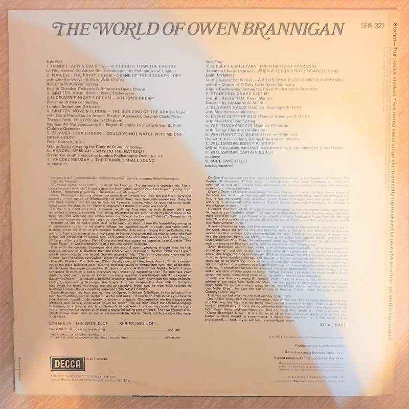 Owen Brannigan - The World of Owen Brannigan - Vinyl LP Record - Opened  - Very-Good+ Quality (VG+)