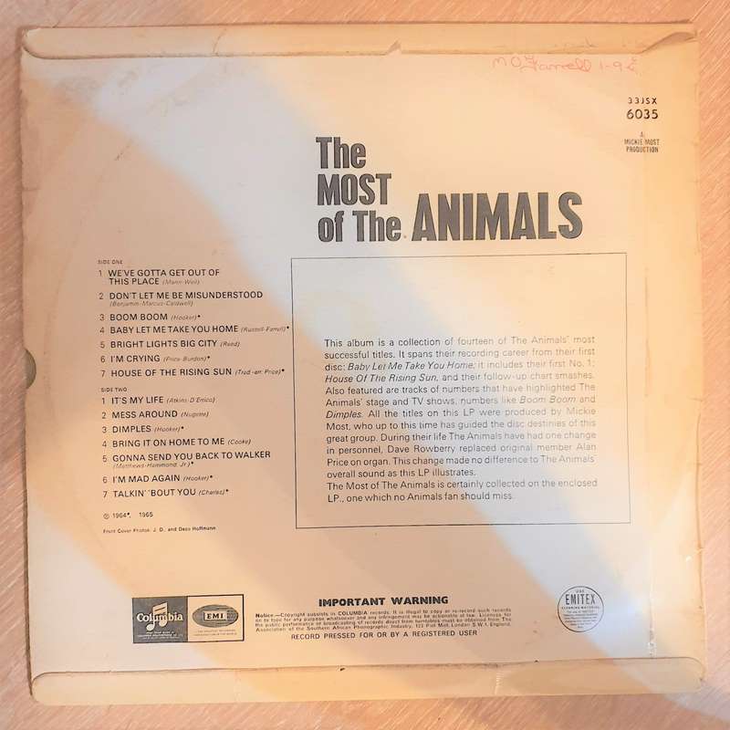 The Animals  The Most Of The Animals - Vinyl LP Record (VG+)