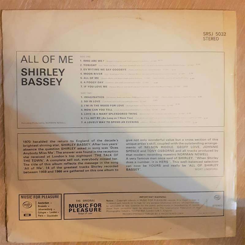 Shirley Bassey - All Of Me - Vinyl LP Record - Opened  - Very-Good+ Quality (VG+)