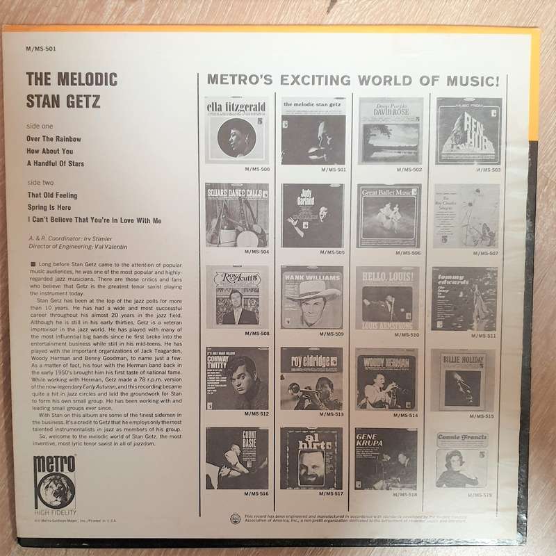 Stan Getz  The Melodic Stan Getz -  Vinyl LP Record - Opened  - Very-Good+ Quality (VG+)