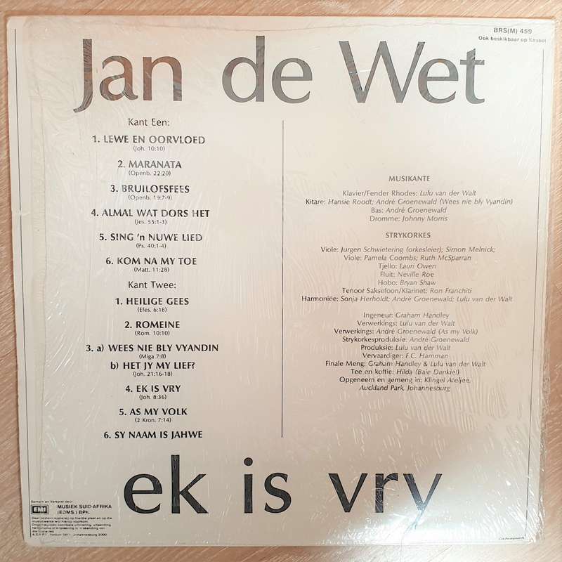 Jan De Wet - Ek Is Vry - Vinyl LP Record - Opened  - Very-Good+ Quality (VG+)