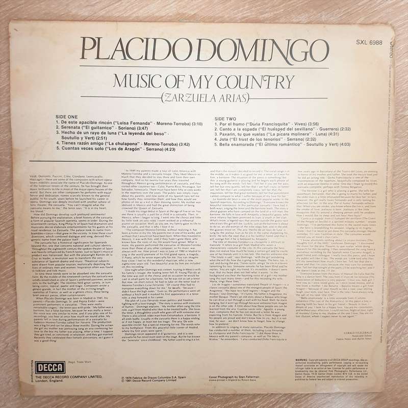 Placido Domingo  Music Of My Country (Zarzuela Arias) - Vinyl LP Record - Very-Good+ Qualit...