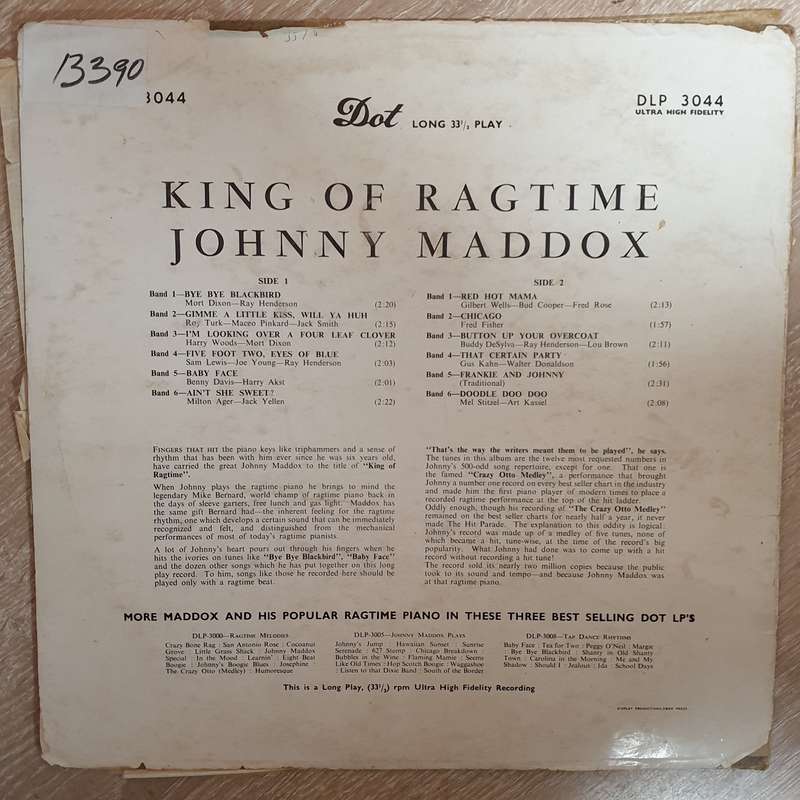 Johnny Maddox  King Of Ragtime  -  Vinyl LP Record - Opened  - Good+ Quality (G)
