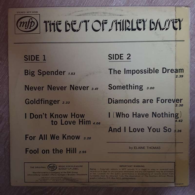 The Best Of Shirley Bassey - MFP - Vinyl LP Record - Opened  - Very-Good+ Quality (VG+)