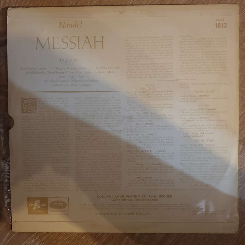 Handel - Messiah  - Highlights - Sir Malcolm Sargent   Vinyl LP Record - Opened  - Very-Goo...
