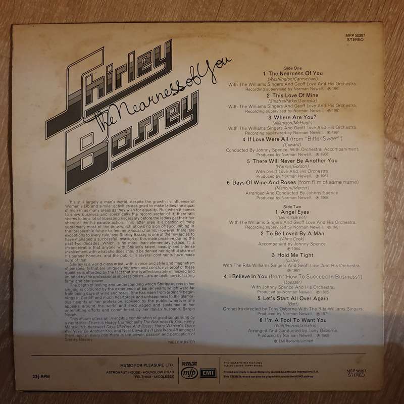 Shirley Bassey  The Nearness Of You -  Vinyl LP Record - Opened  - Very-Good+ Quality (VG+)