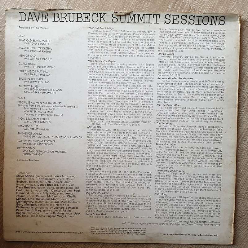 Dave Brubeck  Summit Sessions - Vinyl LP Record  - Very-Good+ Quality (VG+)