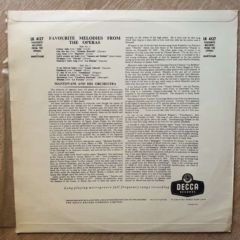 Mantovani And His Orchestra  Favourite Operatic Arias  - Opened    Vinyl LP Record - ...