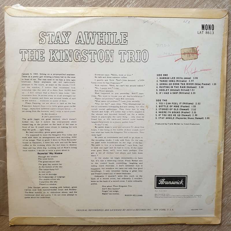 The Kingston Trio  Stay Awhile  - Opened    Vinyl LP Record - Opened  - Very-Good+ Qu...