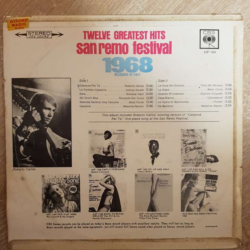 Twelve Greatest Hits San Remo Festival 1968  Vinyl LP Record - Opened  - Good+ Quality (G+)