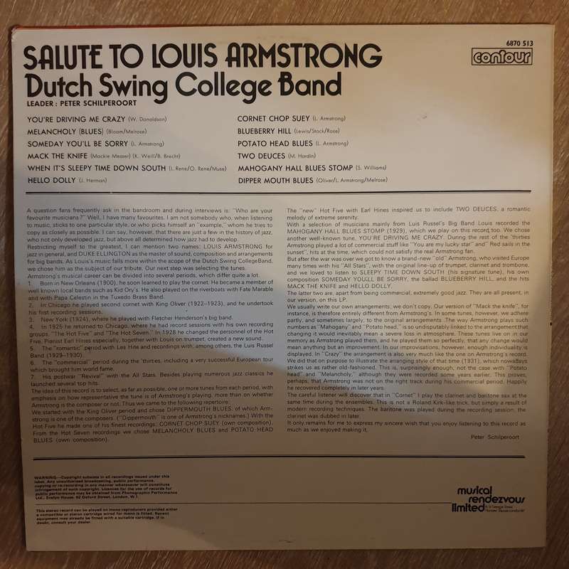 Dutch Swing College Band - Tribute To Louis Armstrong -  Vinyl LP Record - Very-Good+ Quality (VG+)