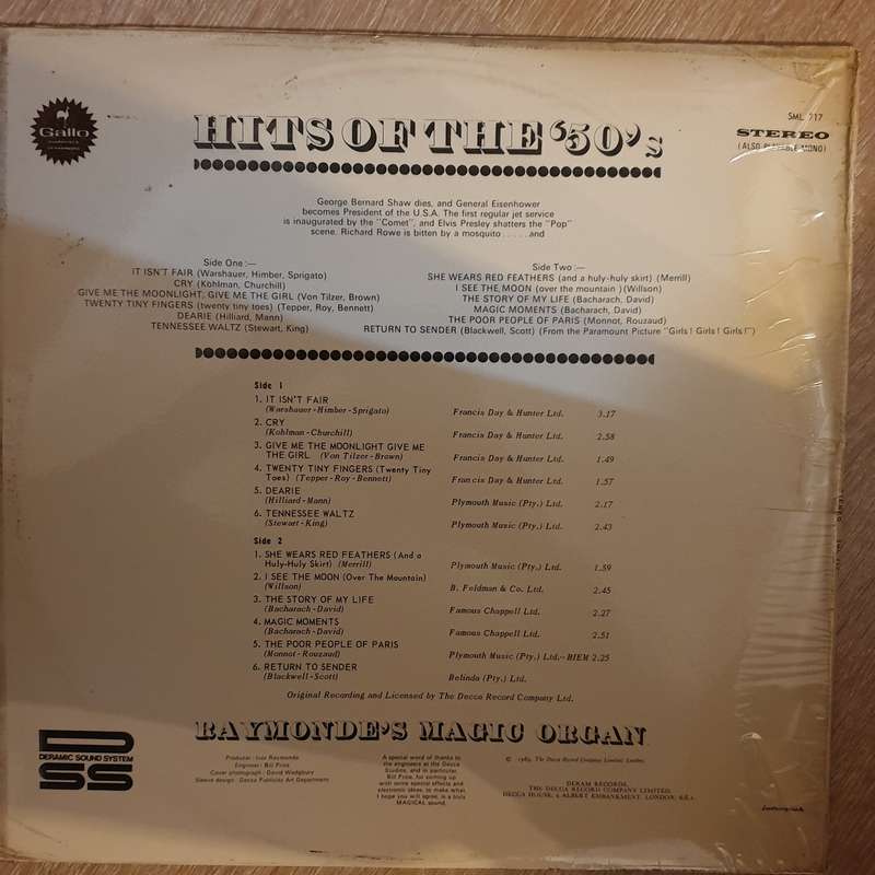 Raymond's Magic Organ - Hit's Of The 50's - Vinyl LP Record - Opened  - Very-Good+ Quality (VG+)