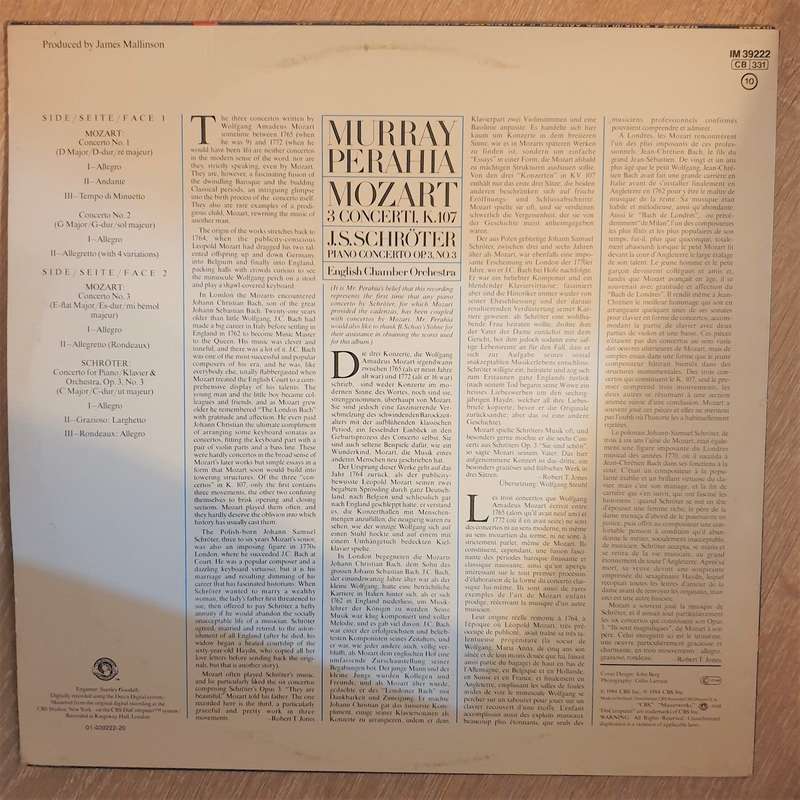 Mozart, Schröter - Murray Perahia, English Chamber Orchestra  CBS Masterworks -3 Concerti....