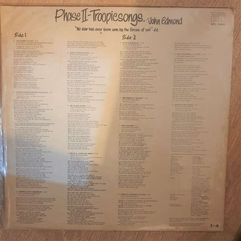 John Edmond  Troopiesongs - Phase II -  Vinyl LP Record - Very-Good+ Quality (VG+)