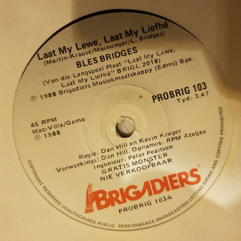 Bles Bridges  Laat Mty Lewe, Laat My Liefhê - Vinyl 7" Record - Very-Good+ Quality (VG+)