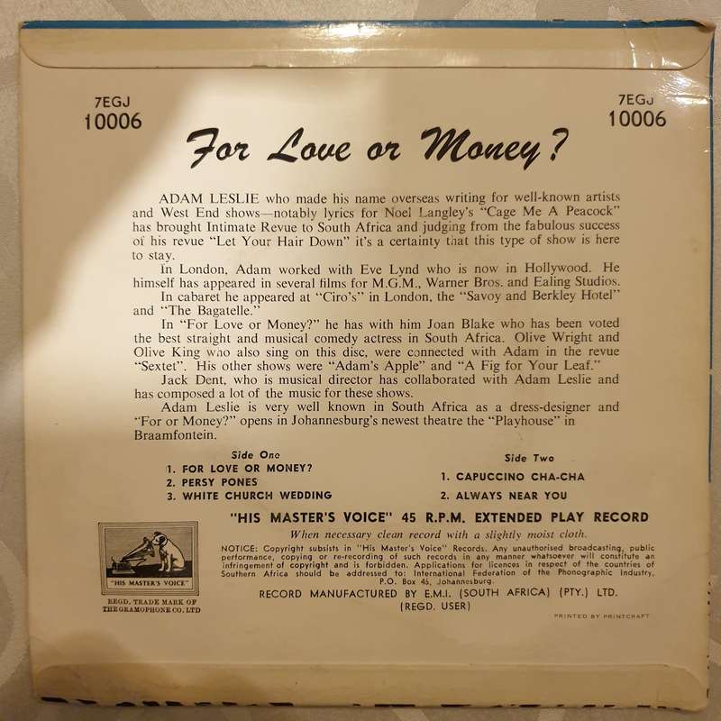 For Love Or Money - Adam Leslie/Jack Dent - Vinyl 7" Record - Very-Good+ Quality (VG+)