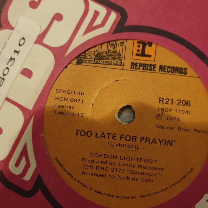 Gordon Lightfoot  Sundown  - Vinyl 7" Record - Opened  - Very-Good Quality (VG)