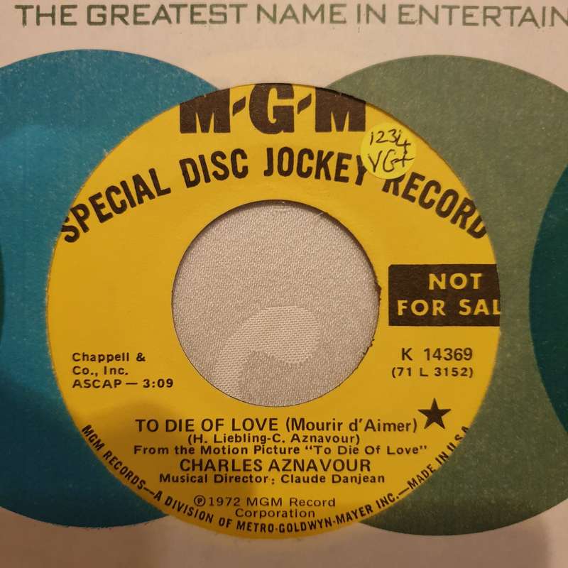 Charles Aznavour  To Die Of Love (Mourir D'Aimer) - Vinyl 7" Record - Very-Good+ Quality (VG+)
