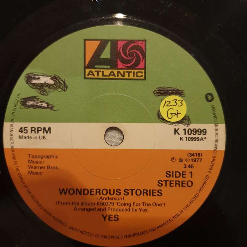 Yes  Wonderous Stories - Vinyl 7" Record - Opened  - Good+ Quality (G+)