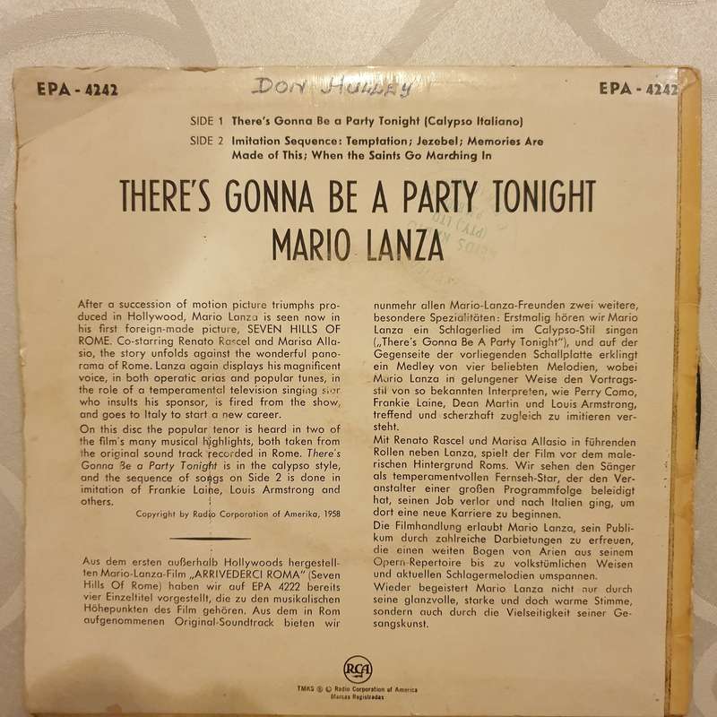 Mario Lanza  There's Gonna Be A Party Tonight - Vinyl 7" Record - Very-Good+ Quality (VG+)