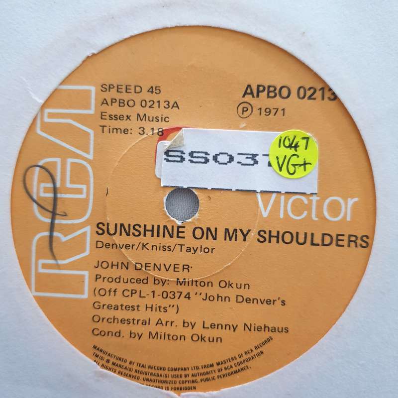 John Denver  Sunshine On My Shoulders - Vinyl 7" Record - Very-Good+ Quality (VG+)