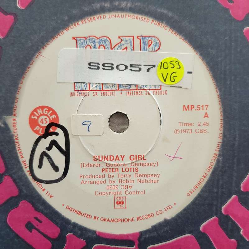 Peter Lotis  Sunday Girl - Vinyl 7" Record - Opened  - Very-Good Quality (VG)