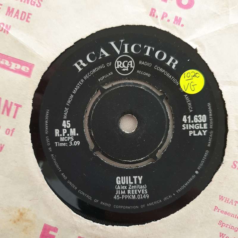 Jim Reeves  Guilty - Vinyl 7" Record - Very-Good- Quality (VG-)