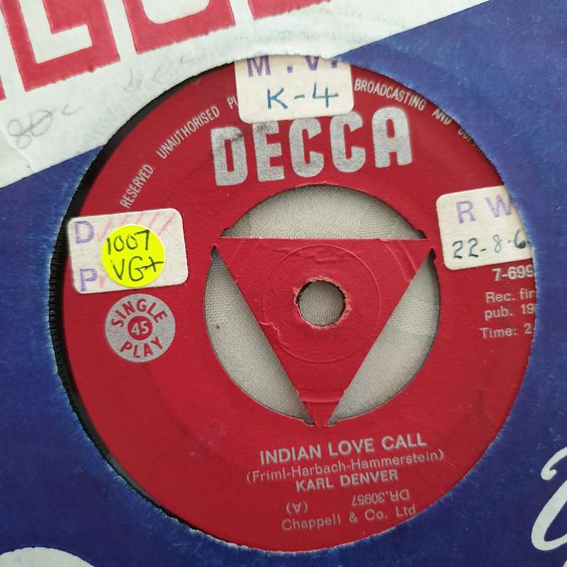 Karl Denver  Indian Love Call / My Melancholy Baby - Vinyl 7" Record - Very-Good+ Quality (...