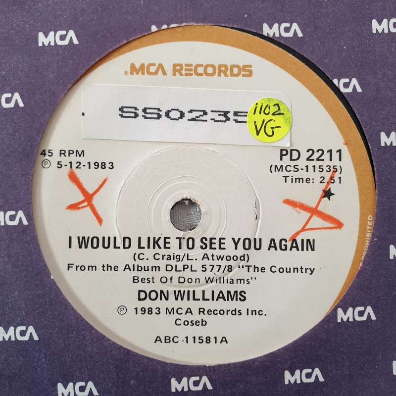 Don Williams  I Would Like To See You Again - Vinyl 7" Record - Opened  - Very-Good Quality...