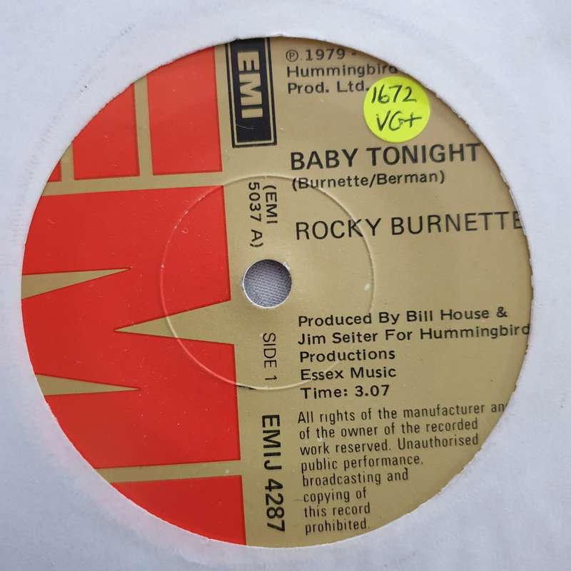 Rocky Burnette  Baby Tonight - Vinyl 7" Record - Very-Good+ Quality (VG+)