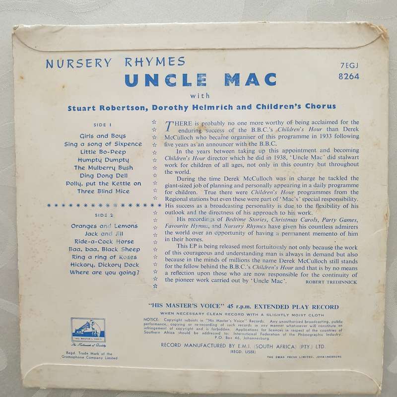Uncle Mac's Nursery Rhymes - Vinyl 7" Record - Opened  - Very-Good Quality (VG)