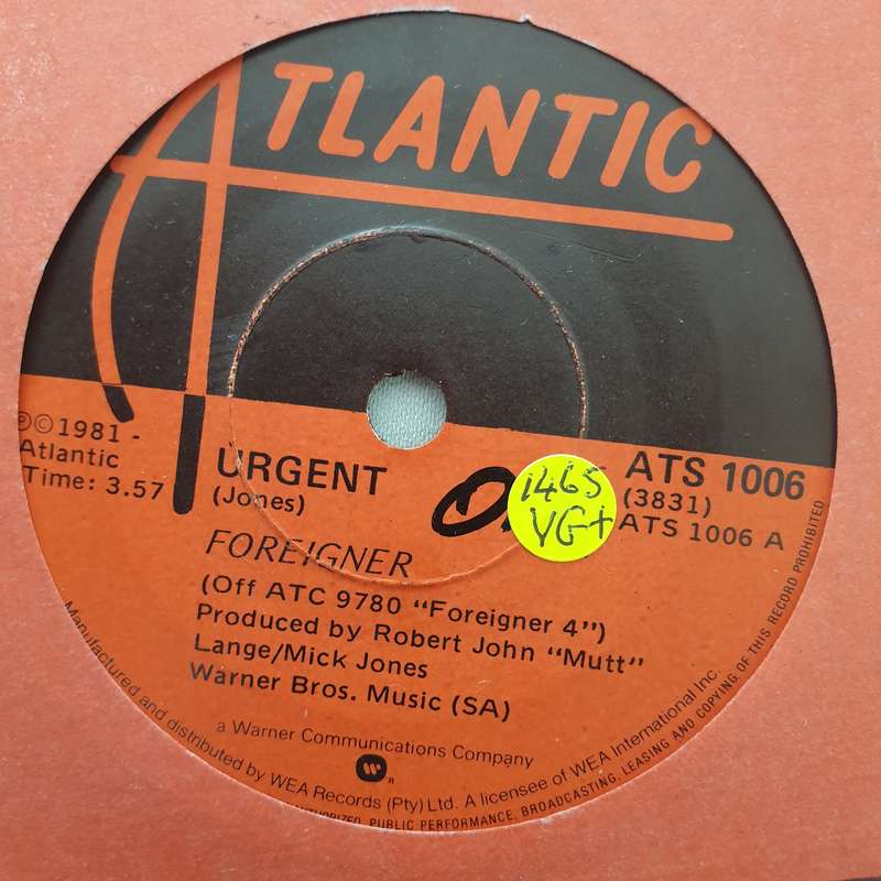 Foreigner  Urgent - Vinyl 7" Record - Very-Good+ Quality (VG+)