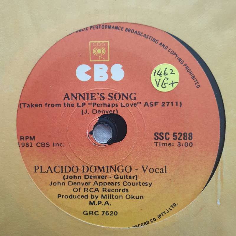 Placido Domingo And John Denver  Perhaps Love / Annie's Song - Vinyl 7" Record - Very-Good+...