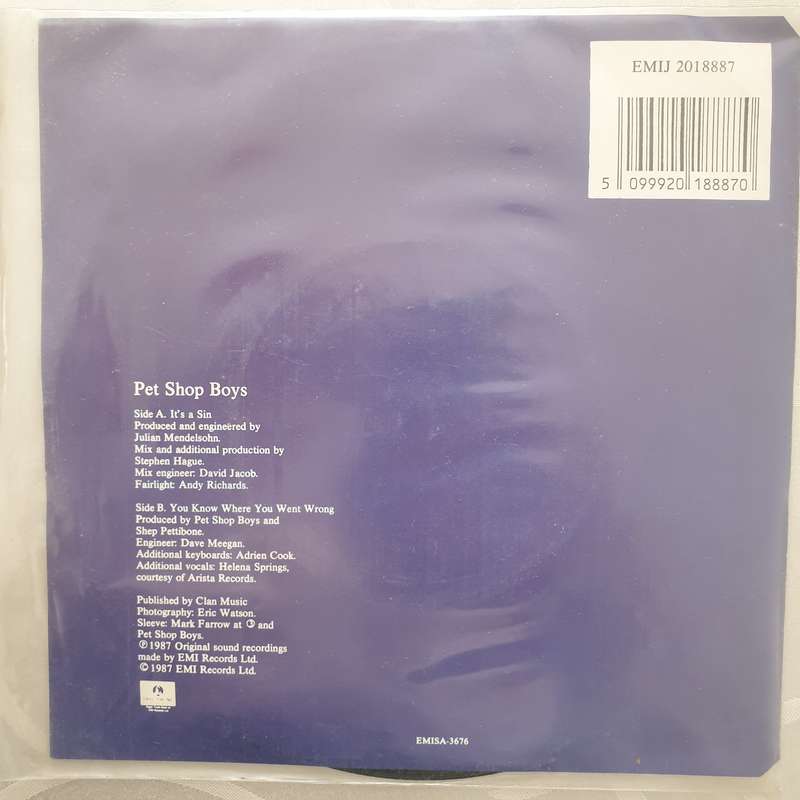 Pet Shop Boys  It's A Sin - Vinyl 7" Record - Very-Good+ Quality (VG+)