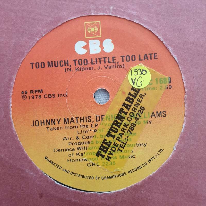 Johnny Mathis / Deniece Williams  Too Much, Too Little, Too Late- Vinyl 7" Record - Opened ...