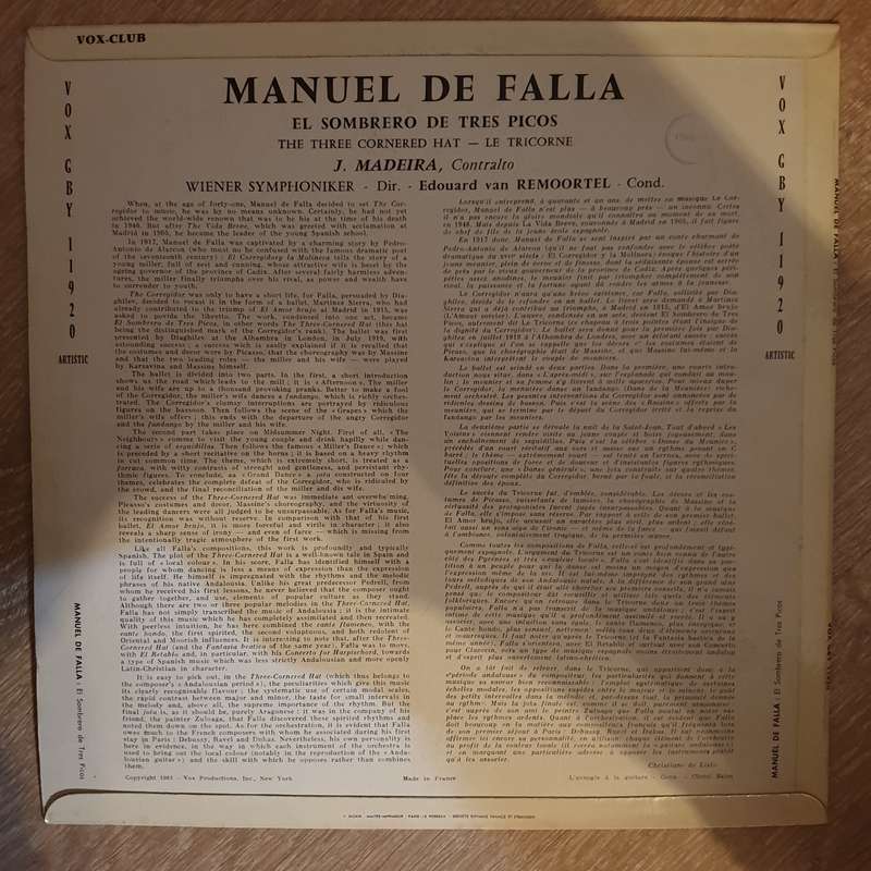 Manuel De Falla, J. Madeira, Wiener Symphoniker, Edouard Van Remoortel  El Sombrero De Tres...