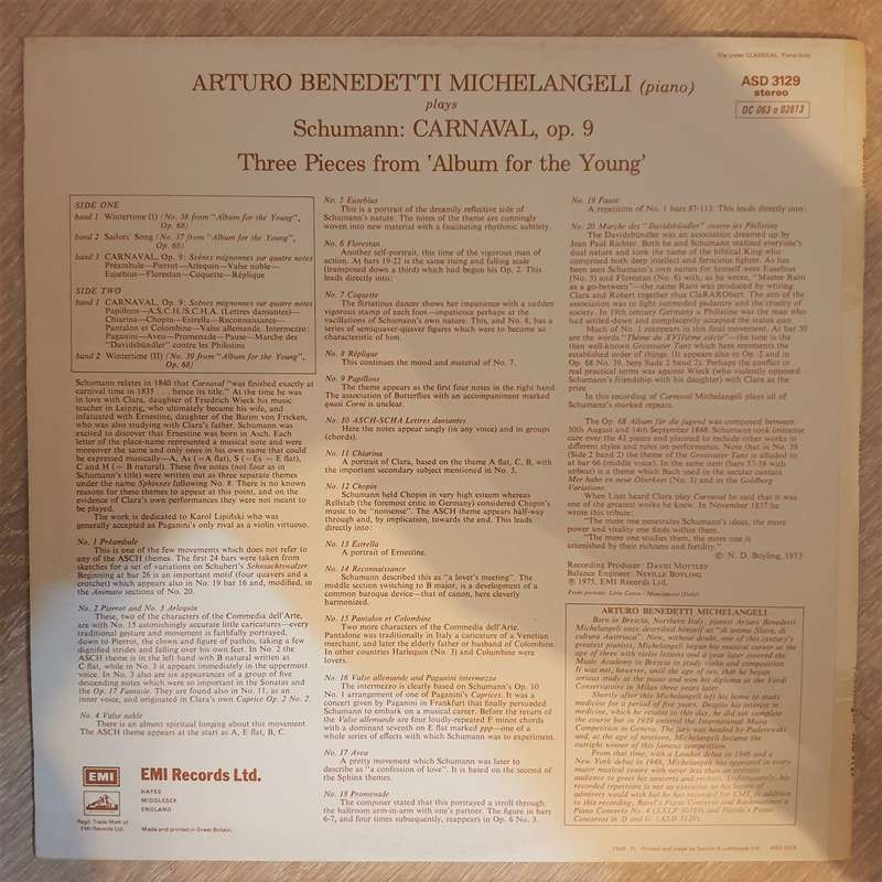Arturo Benedetti Michelangeli, Robert Schumann  Carnaval, op. 9 Three Pieces - Album for the Y...