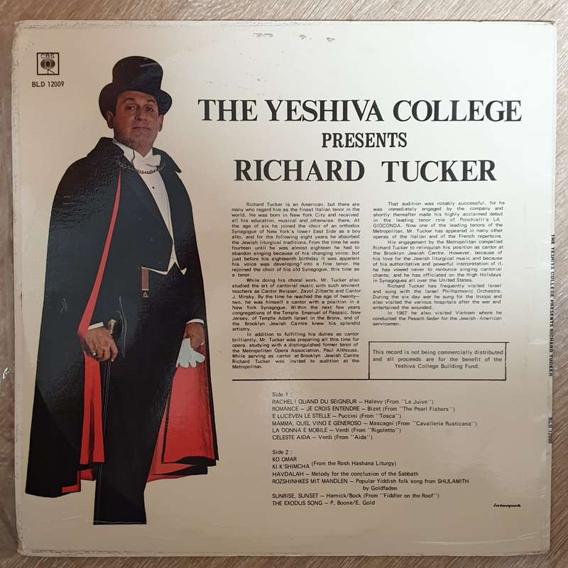 Yeshiva College Of South Africa - Presents Richard Tucker-  Vinyl LP Record - Very-Good+ Quality ...