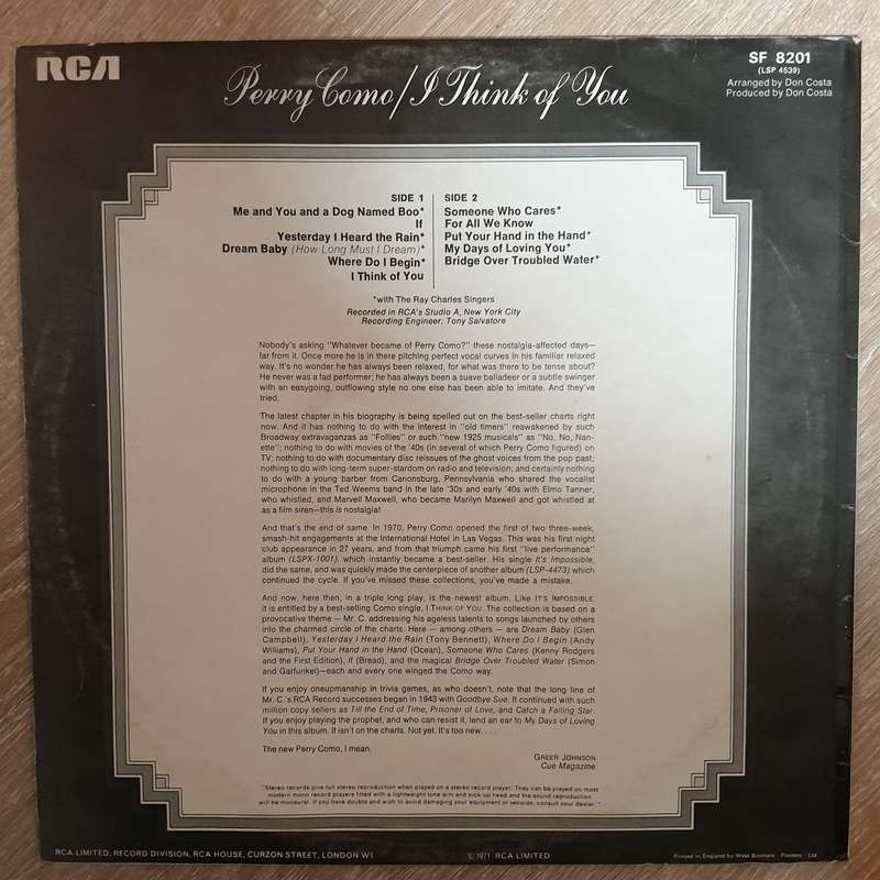 Perry Como  I Think Of You -  Vinyl LP Record - Opened  - Very-Good+ Quality (VG+)