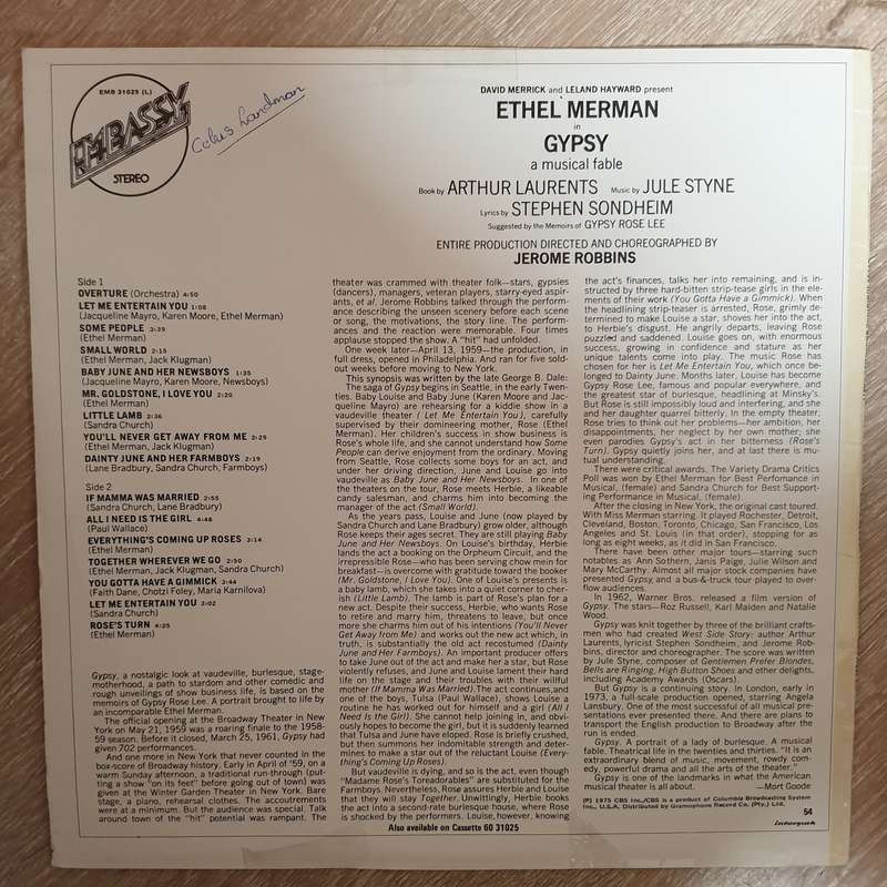 Gypsy - A Musical Fable - Ethel Merman, Jule Styne And Stephen Sondheim - Vinyl LP Record (VG)