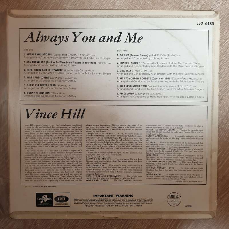 Vince Hill  Always You And Me  - Vinyl LP Record - Opened  - Very-Good Quality (VG)