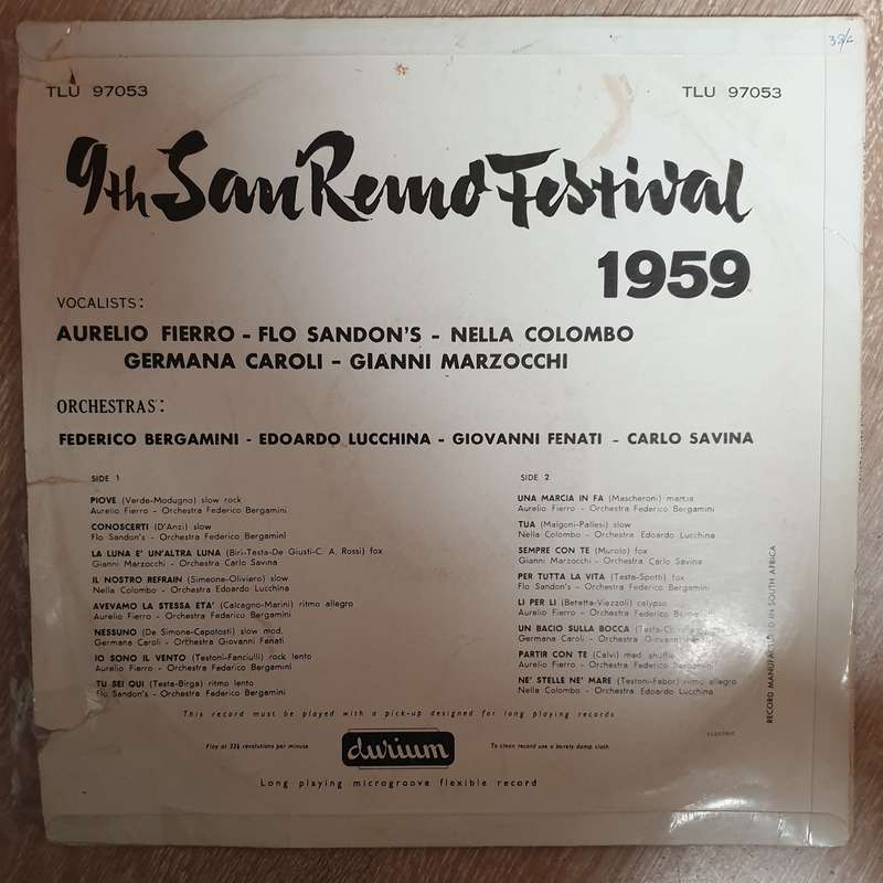 9th San Remo Festival 1959 - Vinyl LP Record (VG)