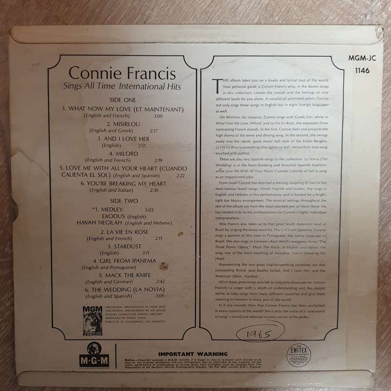 Connie Francis Sings All Time International Hits - Vinyl LP Record - Opened  - Very-Good Quality ...