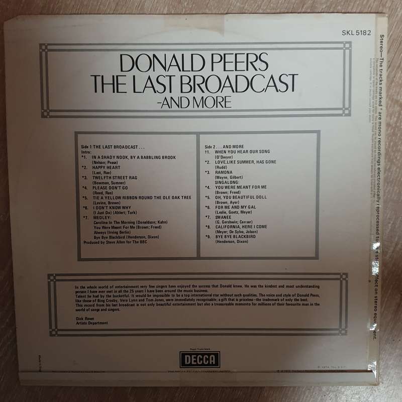 Donald Peers  The Last Broadcast -And More - Vinyl LP Record - Opened  - Very-Good Quality ...