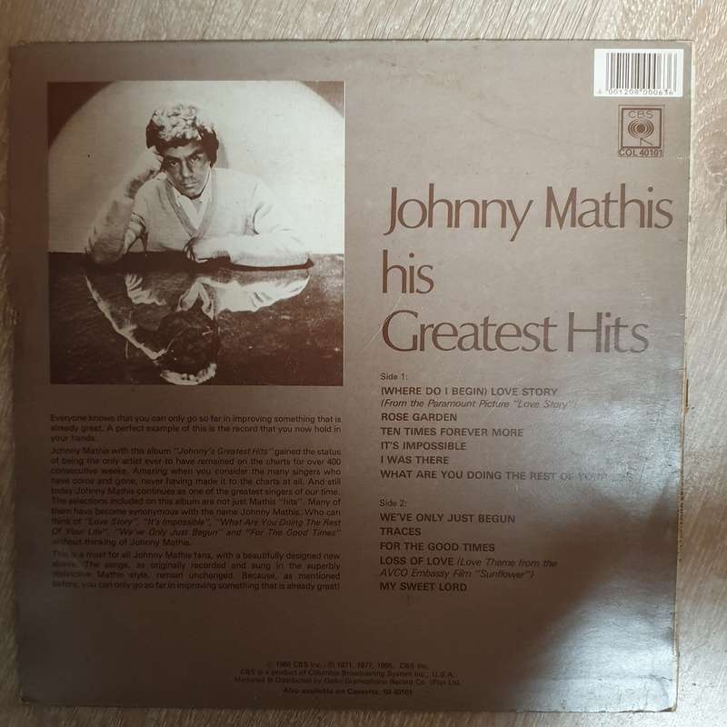 Johnny Mathis Greatest Hits - Love Story  Vinyl LP Record - Opened  - Very-Good+ Quality (VG+)